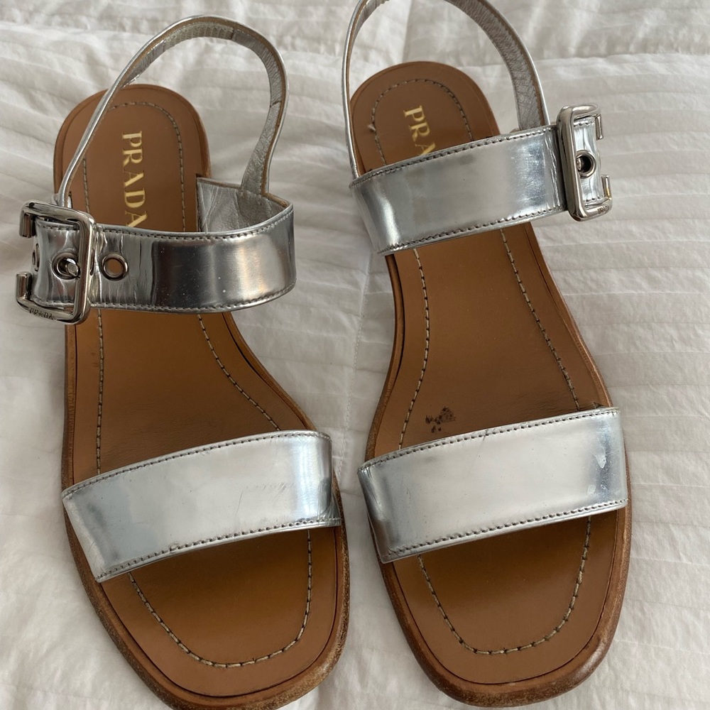 Prada Silver Leather chunky heel sandal